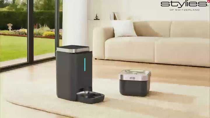 Stylies Cibus Futterstation und FONTANUS – kabelloser Trinkbrunnen für Katzen und Hunde